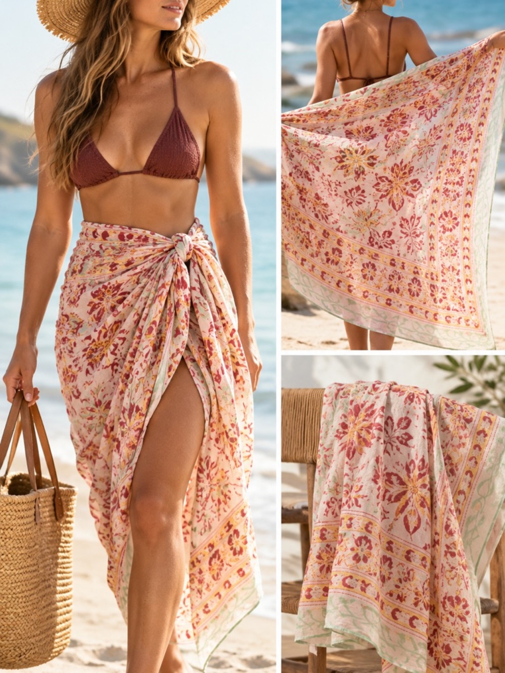 Oversized Floral Block Print Cotton Sarong Wrap 66x88 Pink Green Boho